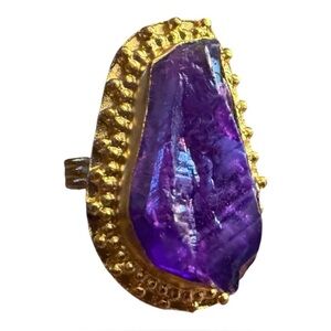Huge Gold Plated Ring with Purple Titanium Aqua Quartz Center, Stunning, New, 10
